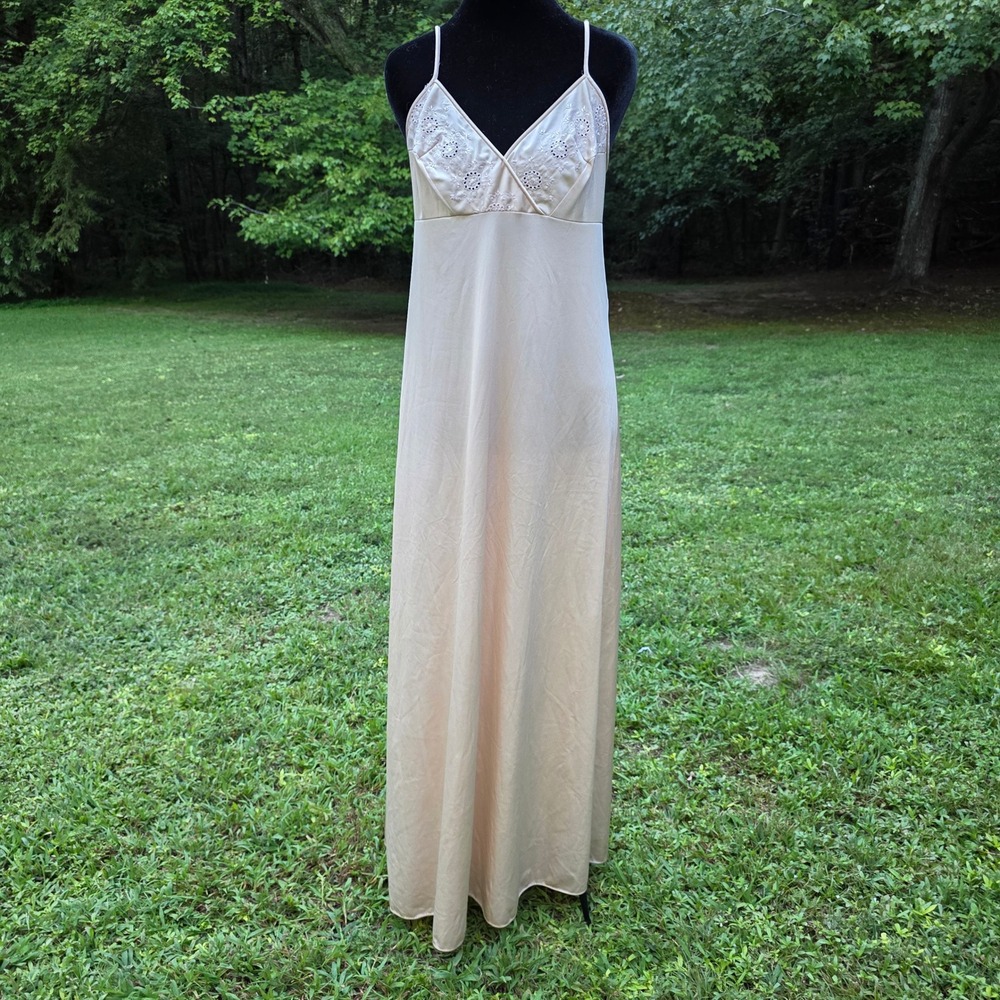 Vintage 90s Satin Slip Dress Women's S Champagne Maxi Embroidered Soft Girl